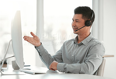 Buy stock photo Man, smile and customer support for crm, call center and technology service agency. Consultant, computer and telemarketing company with conversation, happiness and workplace operator with headset
