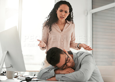 Buy stock photo Businessman, nap and office with angry manager in company with exhausted from overworked in business. Woman, supervisor and upset with lazy employee in call centre with customer support in sales