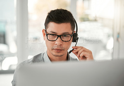 Buy stock photo Professional, thinking and man with headset in office for work, call agent or telecommunication. Career, business person or consultant for advice, support or answer questions for customer service