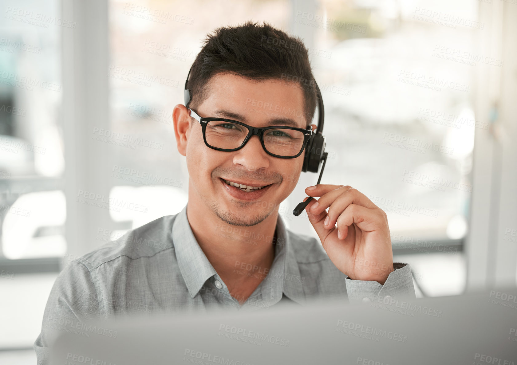 Buy stock photo Portrait, call agent and man with headset in office for career, smile or telecommunication. Professional, business person or consultant for advice, support or answer questions for customer service