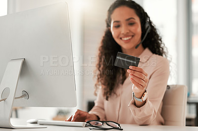 Buy stock photo Office, african woman and credit card with computer for budget, online shopping and banking at work. Hands, female person and laptop for saving, investment and finance with fintech or ecommerce