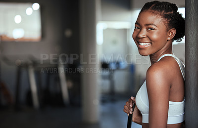 Buy stock photo Break, portrait or happy black woman at gym for a workout, exercise or training for healthy body or fitness. Face of sports girl or proud African athlete smiling or relaxing with positive mindset 
