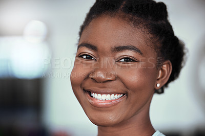 Buy stock photo Fitness, portrait or happy black woman at gym for a workout, exercise or training for healthy body or wellness. Face of sports girl or proud African athlete smiling or relaxing with positive mindset