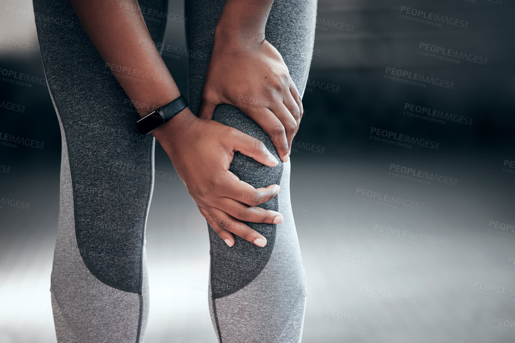 Buy stock photo Fitness, workout and closeup of woman with knee pain, injury or accident during training in a gym. Sports, medical emergency and zoom of female athlete with a sprain muscle in her leg at sport center