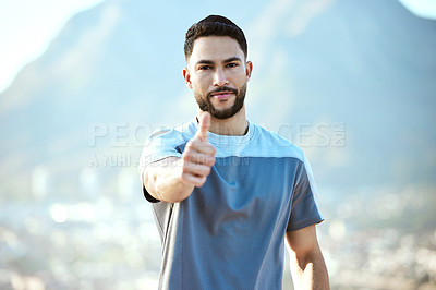 Buy stock photo Fitness, man and outdoor with thumbs up for a run or workout with a smile for motivation. Portrait and hand of male athlete runner on mountain road for training, exercise or health and wellness goals