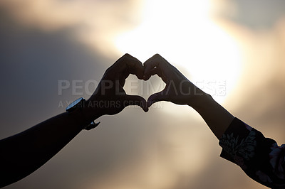 Buy stock photo Heart, hands and couple with love, trust and support united on mockup, space or sky. Emoji, hand and people together with hope, gesture or romance for peace or empathy in silhouette on Valentines Day