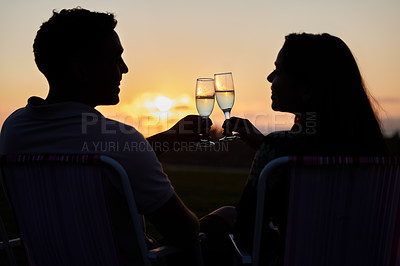 Buy stock photo Couple, toast and sunset love of people silhouette with champagne glasses outdoor. Happy, alcohol and valentines day celebration in nature with cheers together on a date with happiness on anniversary