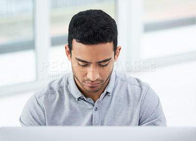 Buy stock photo Businessman, stress and computer with deadline in anxiety, depression or overworked at office. Upset man or employee in burnout, debt or financial crisis for difficult tasks, frustration or problem