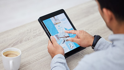Buy stock photo Hands, coffee and businessman with tablet for research on medical clinic about us information. Cappuccino, reading and professional person with healthcare or hospital website with digital technology.