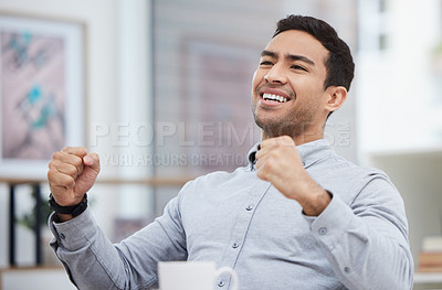 Buy stock photo Fist, success and winner with business man in office for celebration of achievement, bonus or promotion. Goals, motivation and target with happy employee cheering for deal in agency workplace