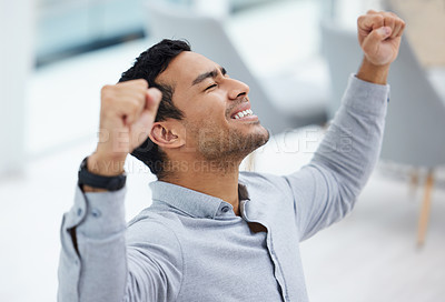Buy stock photo Fist, motivation and winner with business man in office for celebration of achievement, bonus or promotion. Goals, success and target with happy employee cheering for deal in agency workplace