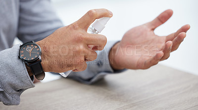 Buy stock photo Businessman, closeup and hand sanitizer for hygiene, healthcare and bacteria by desk in office. Male person, skin and disinfectant spray for cleaning, ocd and wellness against virus or contamination