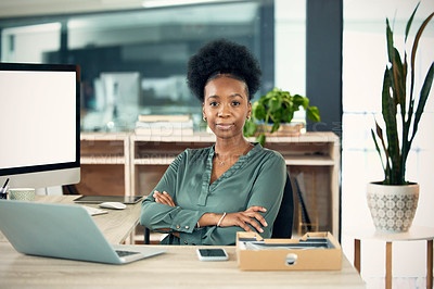 Buy stock photo Portrait, black woman and accountant with arms crossed, laptop and confident in office. Computer, face and female entrepreneur, auditor and professional from South Africa with business mockup space.