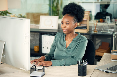 Buy stock photo Business, employee and black woman with a computer, typing and connection with digital planning, software update and network. Female person, consultant and editor with a pc and website information