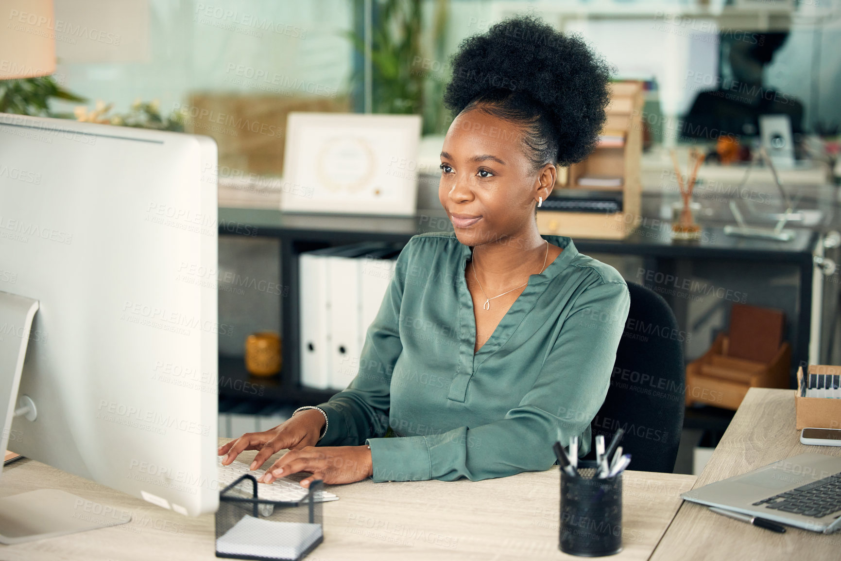 Buy stock photo Business, employee and black woman with a computer, typing and connection with digital planning, software update and network. Female person, consultant and editor with a pc and website information