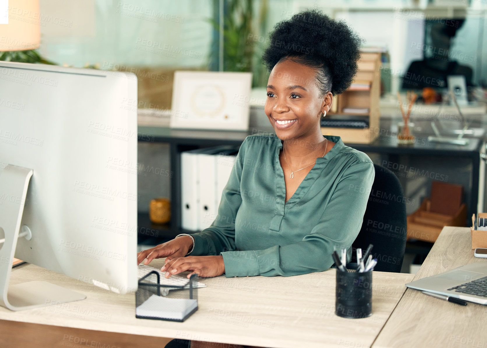 Buy stock photo Office, black woman and typing on computer with smile for online research and information as hr manager. Back view, female employee and mockup in pc for administration work, deadline and task.
