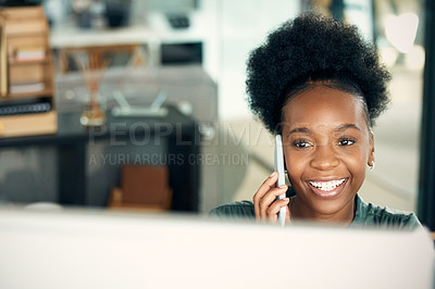 Buy stock photo Phone call, black woman and business, accountant and conversation with contact on computer. Smartphone, happy and African female professional or auditor talking, listening or communication in office.