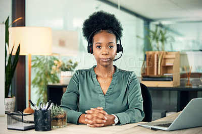 Buy stock photo Portrait, black woman and serious in call center for business, customer service or telemarketing in office. Contact us, face and African female sales agent, support consultant or professional at work