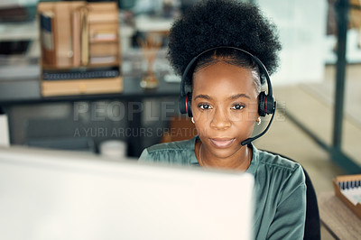 Buy stock photo Call center, black woman and computer for telemarketing, business or customer service in office. Contact us, crm and serious African female sales agent, support consultant or professional person.