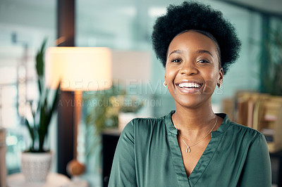 Buy stock photo Funny, portrait and black woman, designer or creative in office workplace. Happy, face and African female entrepreneur or design professional from South Africa with pride for business career at night