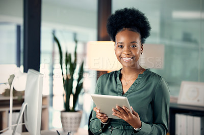 Buy stock photo Portrait, smile and black woman with tablet, designer and creative in office. Technology, face and African female entrepreneur or design professional from South Africa with pride for business career.