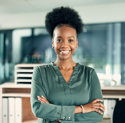 Buy stock photo African woman, portrait and office with arms crossed, smile and confidence for goals. Creative writer, professional news editor and expert reporter for content creation, publishing and press startup