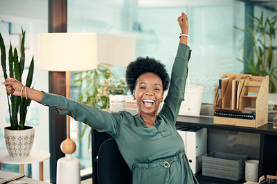 Buy stock photo Office, black woman and excited with target or career, growth and job opportunity as hr assistant. Portrait, female employee and happy for administration work, deadline and task or project with bonus