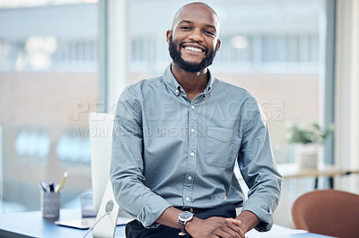 Buy stock photo Confidence, success and portrait of a businessman in the office with leadership and vision. Happy, smile and professional African male hr manager sitting with a positive mindset in the workplace.