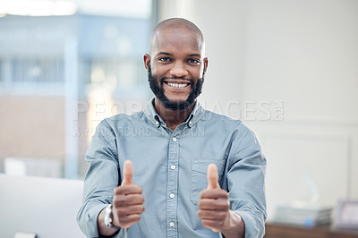 Buy stock photo Businessman, office and thumbs up in portrait with smile for goal in work with winner or good news. Black man, gesture and confidence in job with pride for company with satisfaction, career and happy