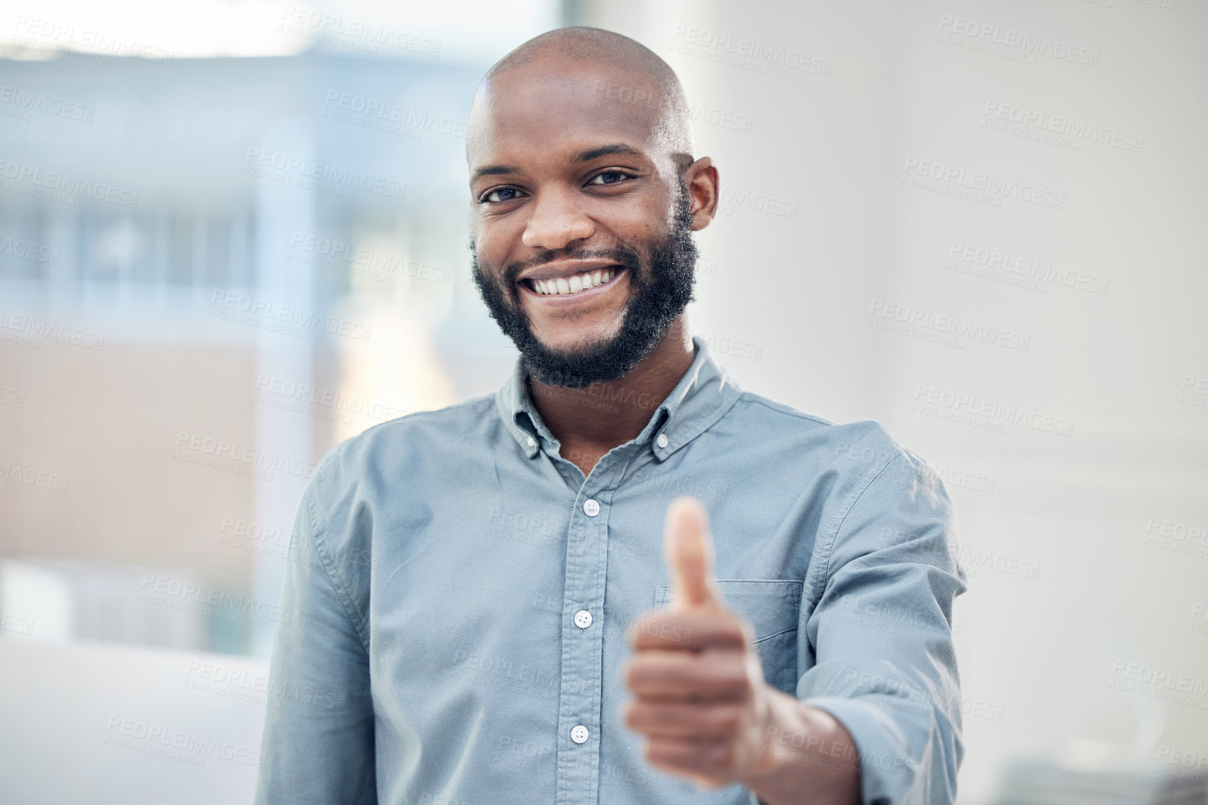 Buy stock photo Black man, business and thumbs up with success and portrait, smile with agreement and hand gesture. Mockup space, emoji and support with feedback, like and yes, male professional and positive vote