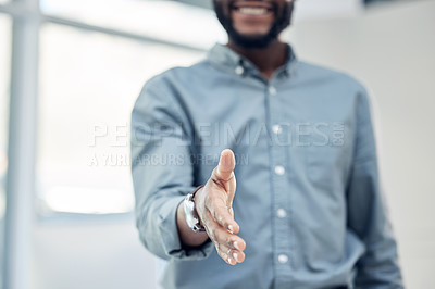 Buy stock photo Man, handshake and partnership with agreement and welcome, trust in collaboration with onboarding. Hand gesture, thank you or congratulations with hiring, male person and deal with introduction