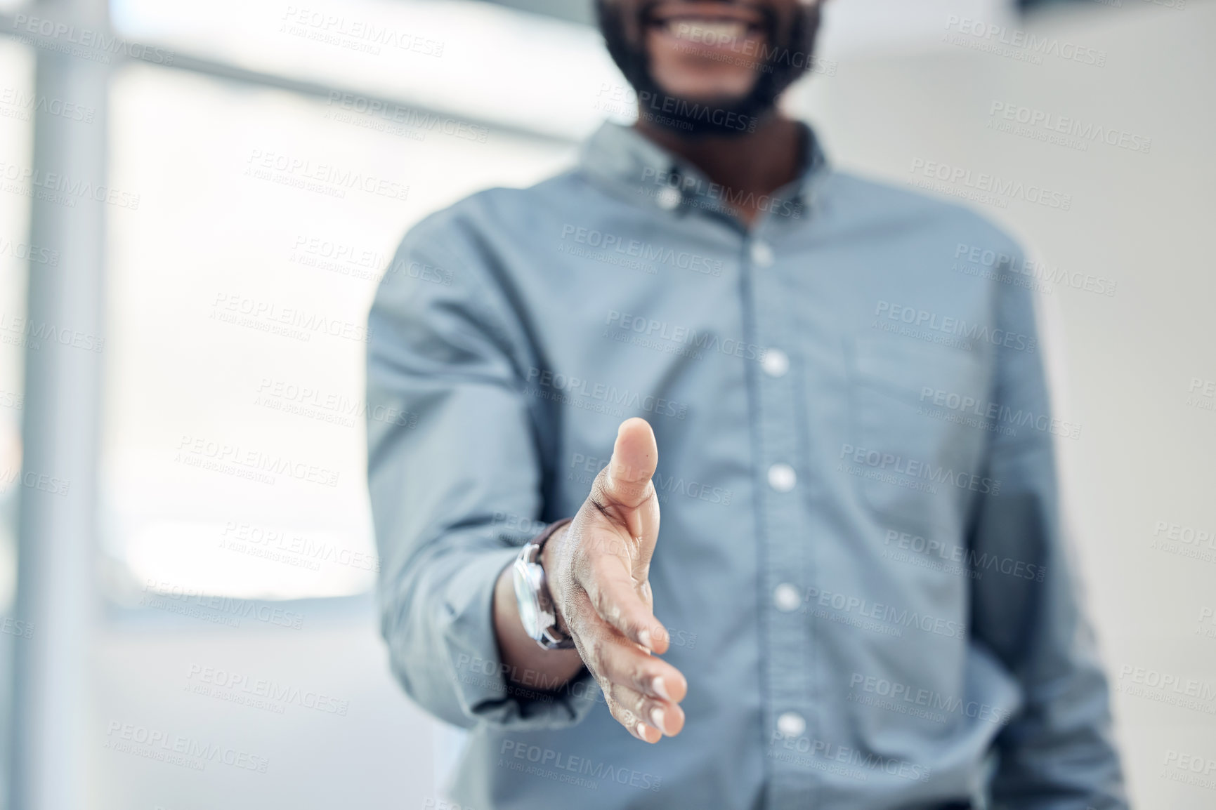 Buy stock photo Man, handshake and partnership with agreement and welcome, trust in collaboration with onboarding. Hand gesture, thank you or congratulations with hiring, male person and deal with introduction