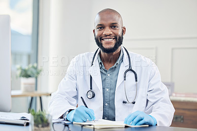 Buy stock photo Doctor, portrait and clinic with smile, writing and record for prescription in healthcare as professional. African male physician and hospital for consultation, medical and wellness with stethoscope