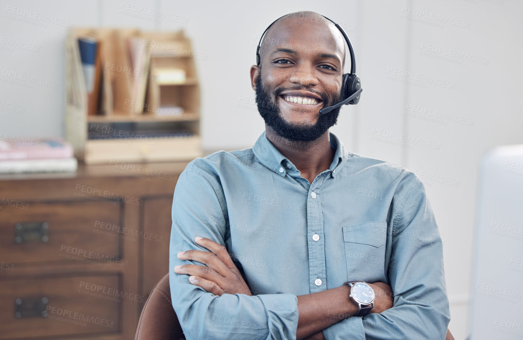 Buy stock photo Happy black man, call center and arms crossed in portrait, pride and customer service job at office. African male consultant, headset and smile at telemarketing agency, contact us and tech support