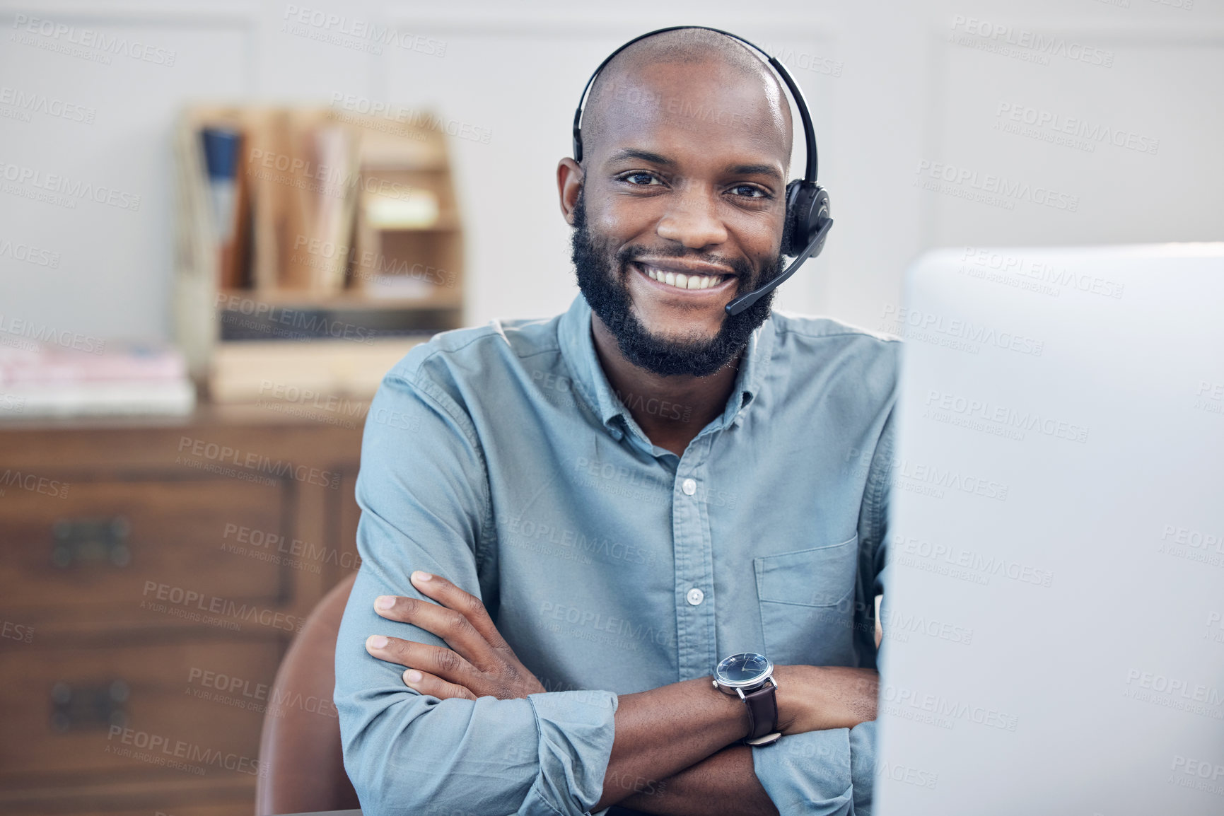 Buy stock photo Black man, call center and arms crossed in portrait, smile or computer in customer service job at office. African male consultant, headset or happy at telemarketing agency, contact us or tech support