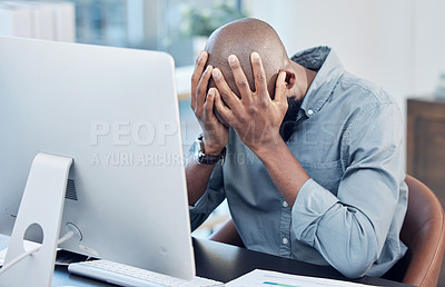 Buy stock photo Computer, anxiety and businessman with headache for stress, financial crisis and bad news. Broker, debt and man with problem in office for and recession, investment issue and stock market crash