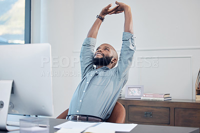 Buy stock photo Relax, business and black man stretching, employee and professional with computer, success and growth. Male person, consultant and agent in an office, stretch and hands behind head with finished task