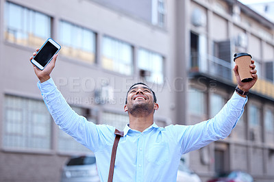 Buy stock photo Businessman, excited and celebration in city with phone for hiring, interview success and salary increase. happy male banker, mobile and achievement in town for victory with work deal and promotion