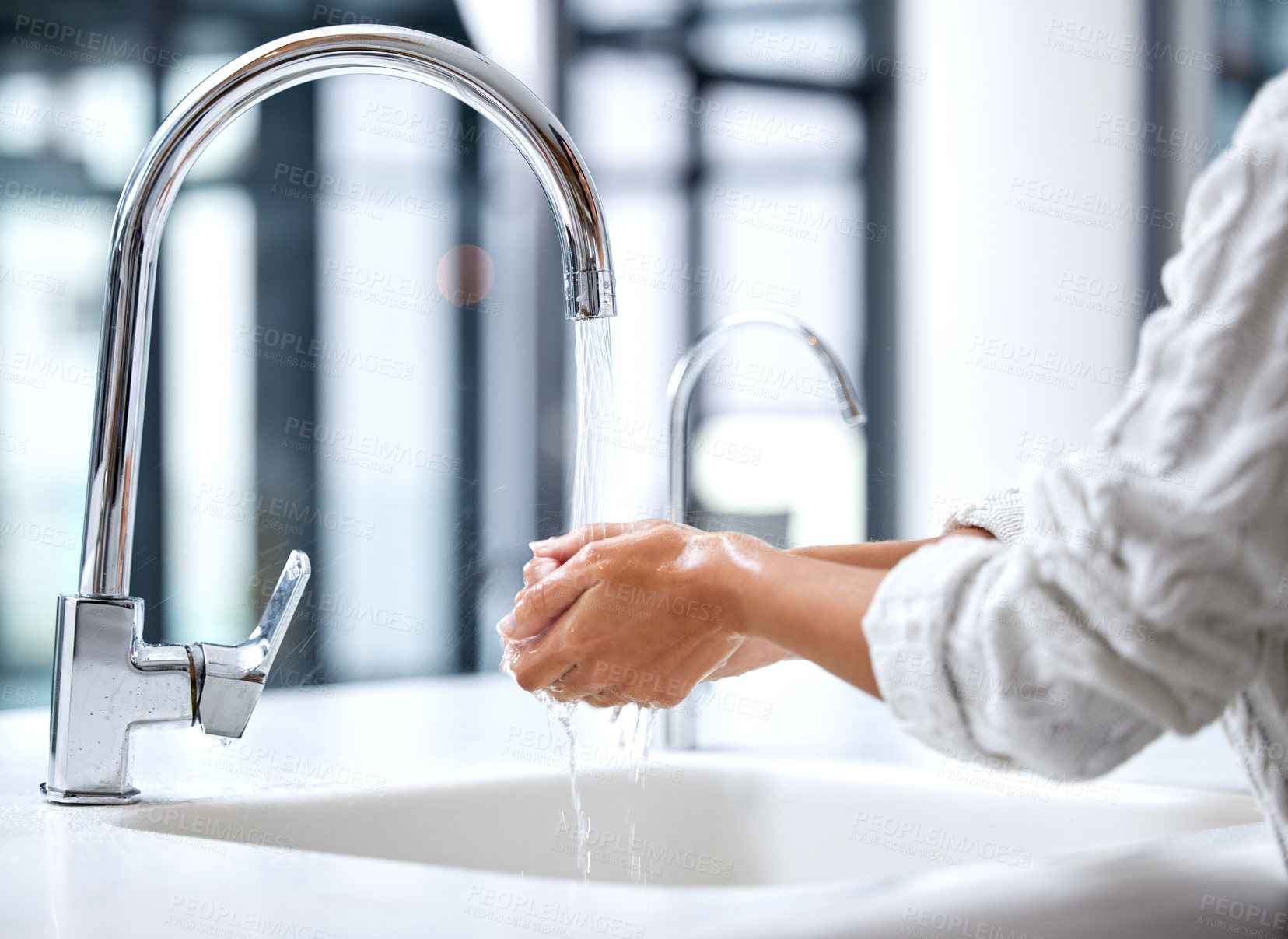 Buy stock photo Woman, hands and water for hygiene with closeup for cleaning bacteria for wellness with fresh for wash. Basin, tap and disinfect for influenza prevention with cleanliness for care with liquid.