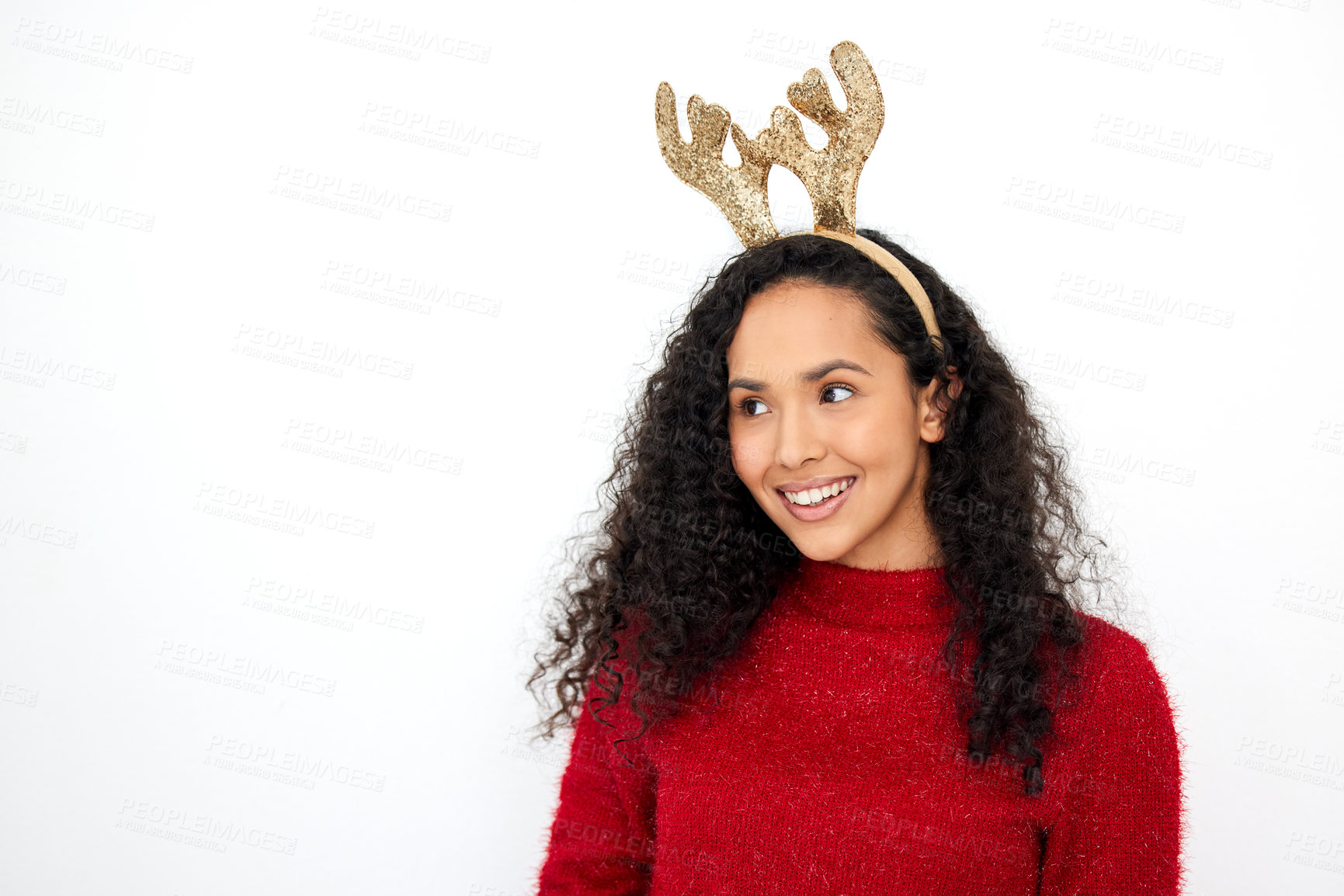 Buy stock photo Christmas, thinking and woman on holiday with fashion, reindeer headband or vacation in white background. Studio, model and girl with festive ideas for merry xmas celebration, party or creative gifts