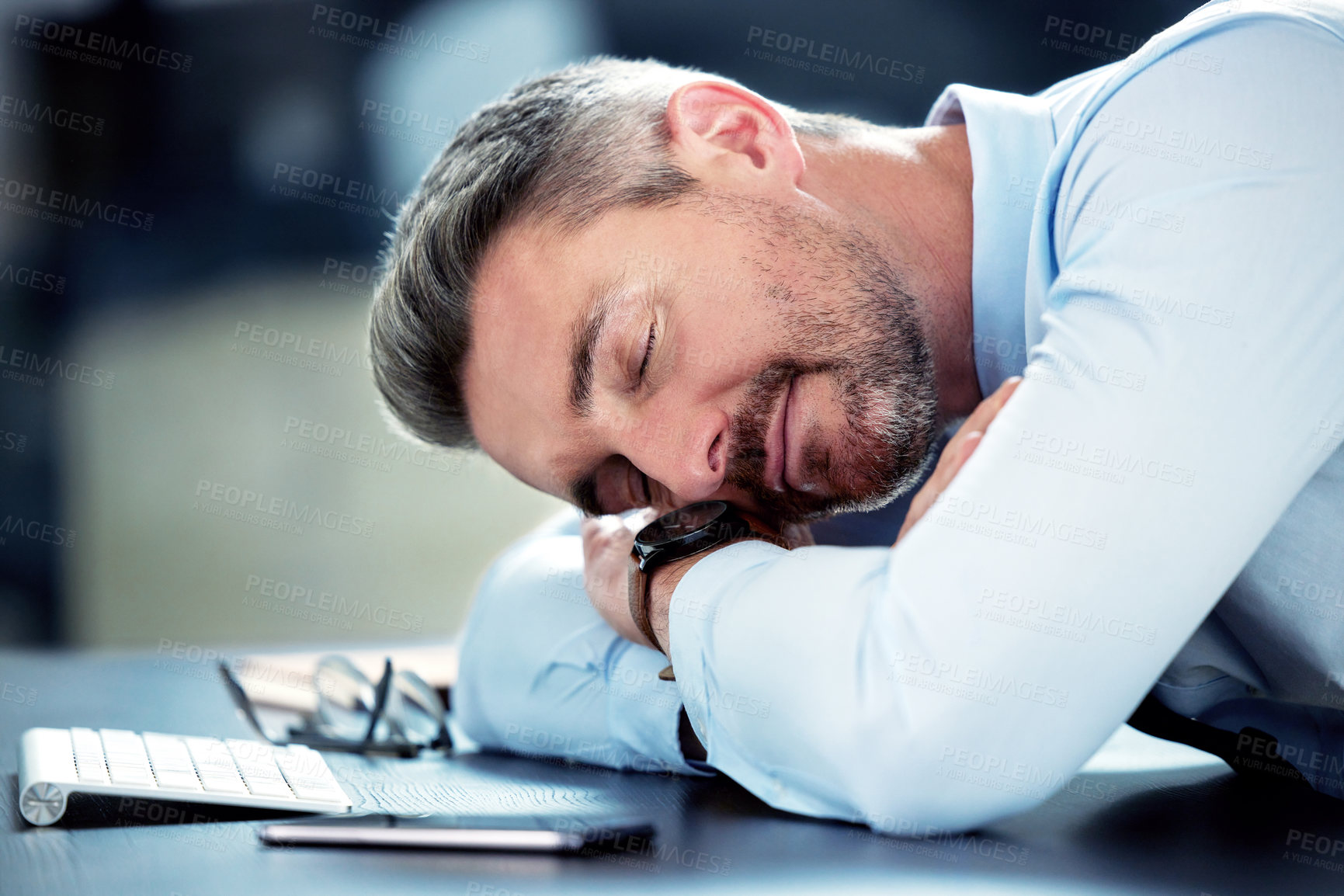 Buy stock photo Businessman, tired and sleeping with desk in office with exhausted from overworked in company. Corporate, closeup and burnout from stress in financial analyst job with fatigue, break and low energy