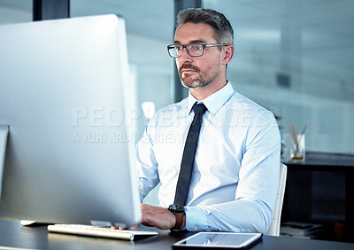 Buy stock photo Business, man and computer for office, working and corporate email for connection. Lawyer, law firm and technology for online research, legal project and website reading in formal workplace.