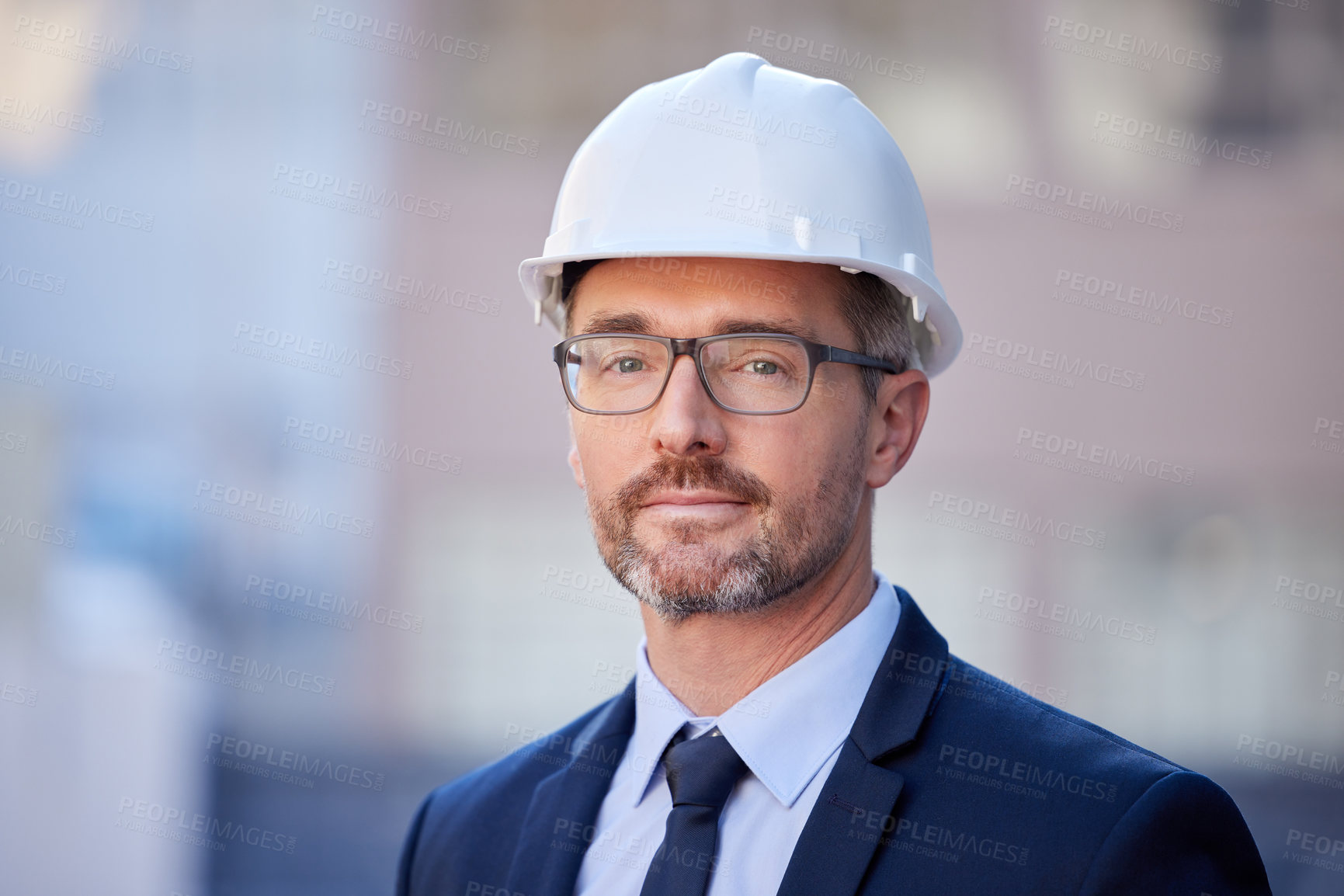 Buy stock photo Portrait, businessman and engineer with suit in city as project manager in construction in Berlin. Male person, professional and building, industry and hardhat in Germany for development in property