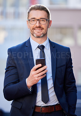 Buy stock photo Portrait, businessman and cellphone with smile in city as project manager for company in Berlin. Male person, professional and technology for connection, communication and app in Germany for job