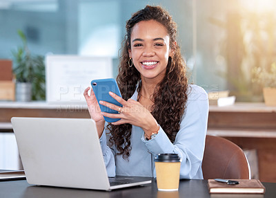 Buy stock photo Black woman, portrait and typing on laptop and phone in office, smile and networking on app. Female person, happy and website for research and check email, planning and consultant for communication
