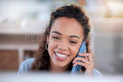 Buy stock photo Black woman, phone call and typing on computer in office, smile and networking on app. Female person, secretary and website for research and receptionist, planning and consultant for communication