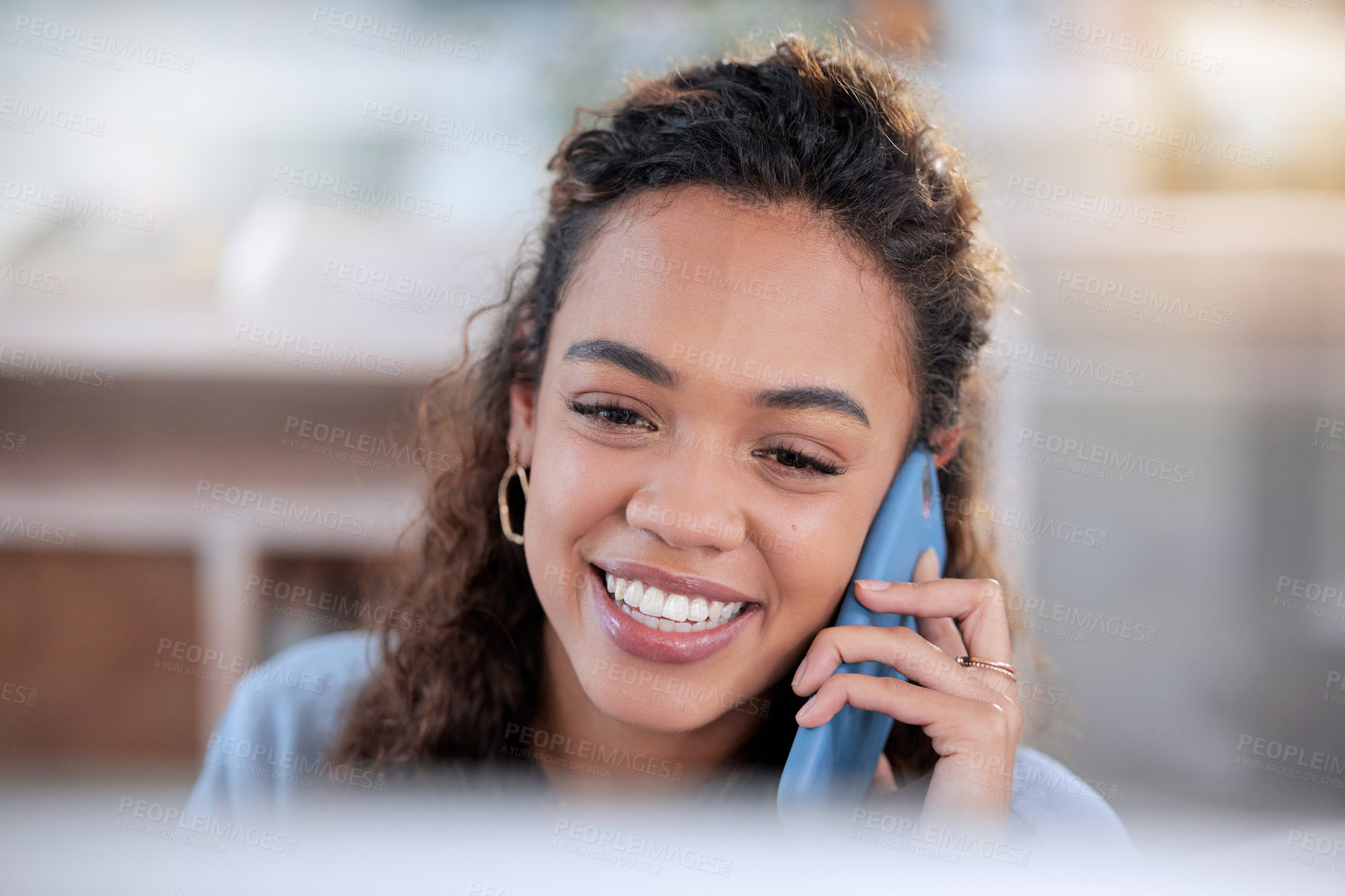 Buy stock photo Black woman, phone call and typing on computer in office, smile and networking on app. Female person, secretary and website for research and receptionist, planning and consultant for communication