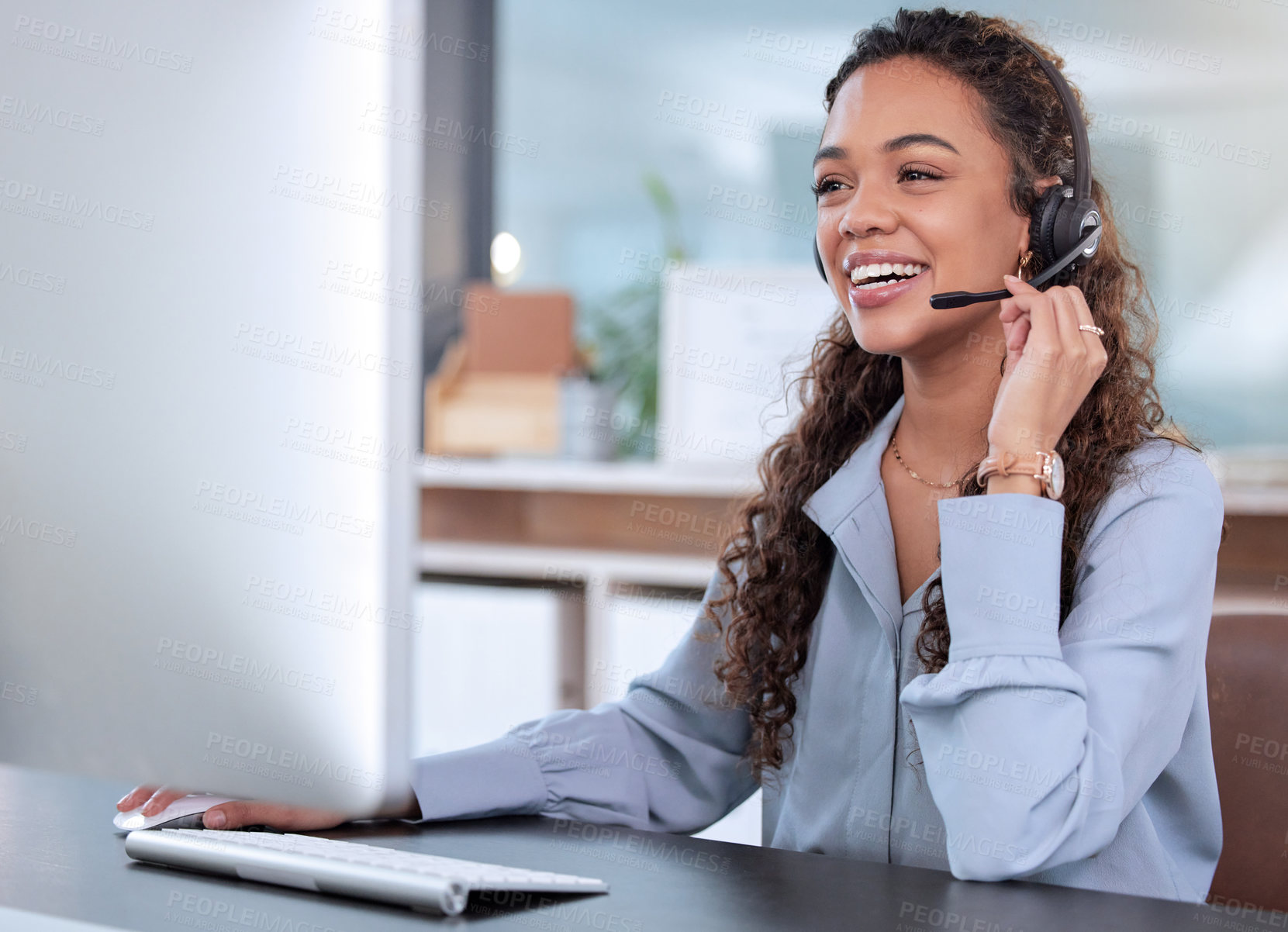 Buy stock photo Customer service, computer and a woman consulting in her office for telemarketing, sales or assistance. Call center, support and crm with a happy young female employee working online using a headset