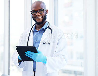 Buy stock photo Black man, doctor and smile with tablet for results or report as healthcare worker. Portrait, cardiologist and happy with website for information or treatment guidelines, medical or online schedule