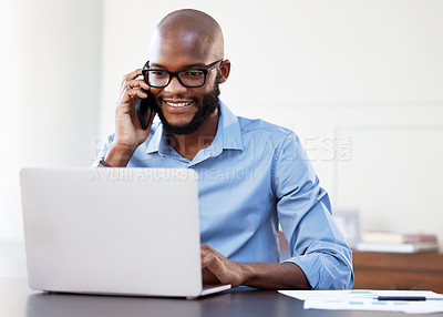 Buy stock photo Business, laptop and man with phone call for planning, advice and financial advisor chat to client. Professional, contact and businessman research online for accounting strategy, budget or taxes